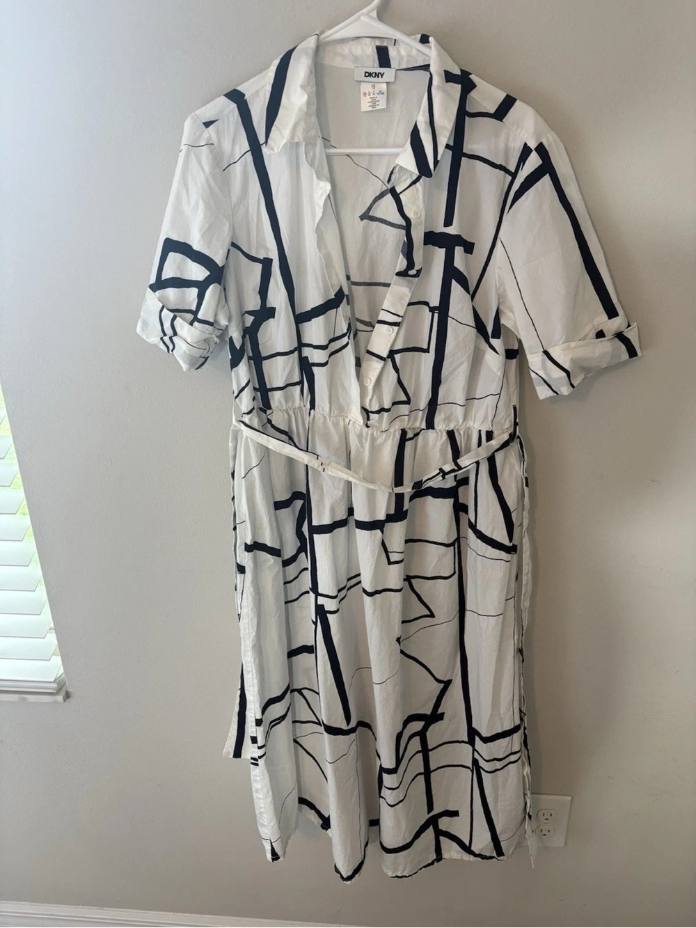 DKNY White Shirt Dress with Black Geometric Lines